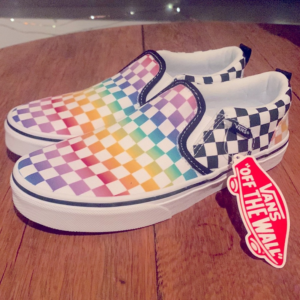 Multi-colored checkered Vans slip-ons, size 4 (big kids)